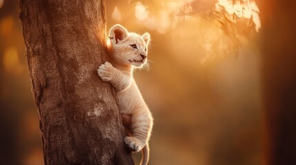 A cute white lion cub is sitting on the tree trunk, its paws hanging down from it, its fur shimmering in the sunlight