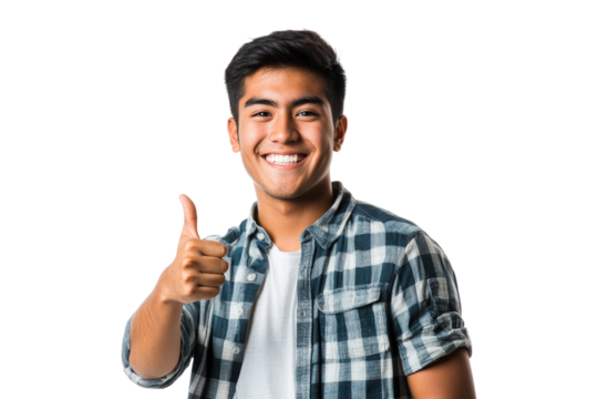 Smiling young man giving thumbs up isolated on white or transparent, PNG