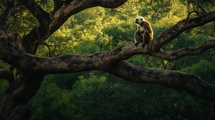 Obraz premium white-faced gibbon sitting on the branch of an old tree in front of green trees, a wildlife photography image captured in natural light.