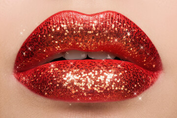 Sparkling red lips adorned with a dusting of glitter, delivering a touch of glamour on a bright white setting