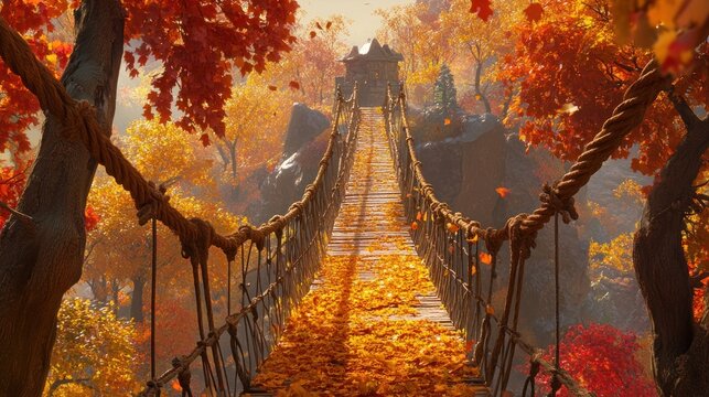 Fototapeta Autumnal rope bridge leading to a cabin in a vibrant forest