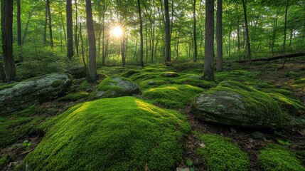 Obraz premium Moss covered forest floor with sunlight filtering through the trees, creating an enchanting and mystical atmosphere. The scene includes large rocks covered in greenery that add to its natural beauty.