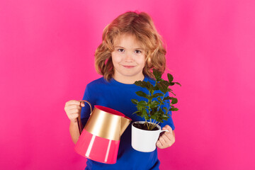 Potted plants at home held by a cute kid. Kid plant flowers. Boy holding a watering can and flowers...