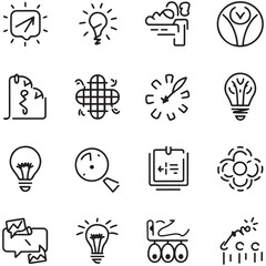 Inspiration and brainstorm line icons collection. Thin outline icons pack. UI icon collection. Set of line web pictogram with white background