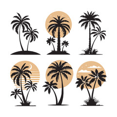 Naklejka premium Collection of Black and White Palm Tree Silhouettes, vector on white background