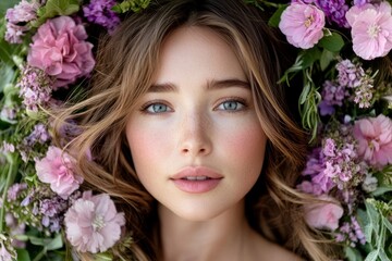 Fototapeta premium A beautiful woman with a flower wreath, featuring pink and purple flowers, light brown hair, and grey eyes.