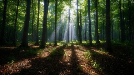 Obraz premium A dense forest with sunlight filtering through the leaves casting dappled shadows on the ground