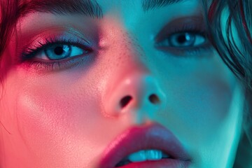 Close-up, Pretty face of a beautiful woman with multi colors vivid makeup on minimal background.
