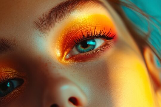 Close-up, Pretty face of a beautiful woman with multi colors vivid makeup on minimal background.
