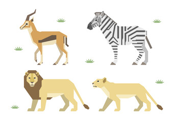アフリカの動物イラストセット（ライオン、シマウマ、ガゼル）