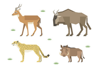 アフリカの動物イラストセット（インパラ、ヌー、チーター、イボイノシシ）
