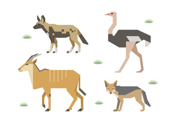 アフリカの動物イラストセット（ダチョウ、ジャッカル、リカオン、イランド）