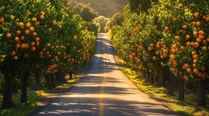 Sunlit road through orange grove, California, idyllic rural scene, perfect for travel brochures