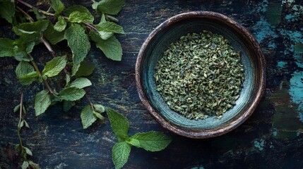 A bowl of dried herbs surrounded by fresh mint leaves on a textured surface.