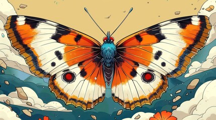 A vibrant illustration of a butterfly with orange and black wings against a colorful background.