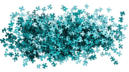 Cyan Puzzle Pieces Scattered Arrangement, vibrant cyan pieces creating a dynamic layout on a transparent backdrop, versatile for various designs