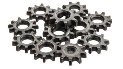 Industrial black metallic cogs scattered randomly, intricate designs, transparent background, ideal for steampunk or mechanical themes