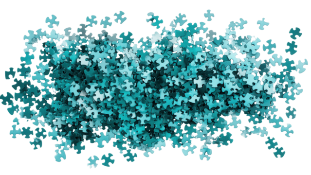 Cyan Puzzle Pieces Scattered Arrangement, vibrant cyan pieces creating a dynamic layout on a transparent backdrop, versatile for various designs