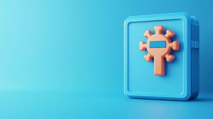 Obraz premium A bright blue box featuring an orange virus symbol, representing themes of health, safety, or biotechnology in a modern design.