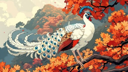 A colorful peacock perched on a branch amidst vibrant autumn foliage.
