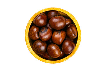 Top view of roasted chestnuts in wooden bowl isolated on white background with clipping path.