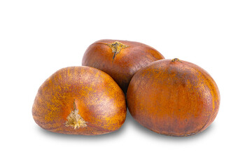 Closeup view of three roasted chestnutd isolated on white background with clipping path.