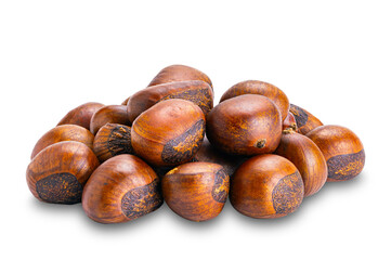 Side view pile of roasted chestnuts isolated on white background with clipping path.