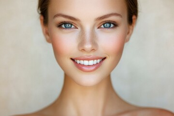 Obraz premium Beautiful young woman with smooth skin and a radiant smile, exuding confidence in her skincare online course against a beige background. The woman has blue eyes and straight hair tied back tightly. 