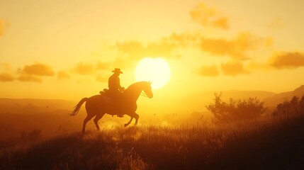 Cowboy riding a horse silhouetted against picturesque ranch view