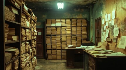 Old room filled with stacks of aged documents and overflowing shelves. Perfect for illustrating concepts of history, archives, or research.