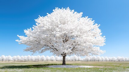 Naklejka premium Solitary white cherry blossom tree stands in a grassy field under a clear blue sky during a bright sunny day.