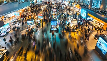 Crowded indoor market, aerial view, many people, shops