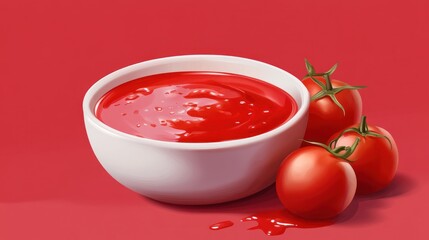 Delicious Ketchup in a Bowl with Fresh Tomatoes on a Red Background