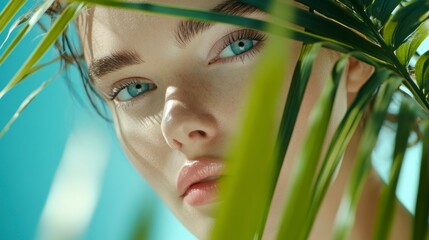 Fototapeta premium beauty woman with her face partially covered by palm leaves, posing for an advertising photo of skincare and beauty products on a blue background. The focus is on the model's flawless skin