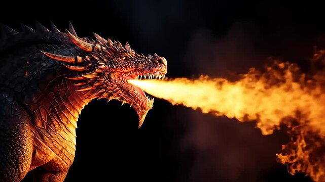 A dramatic side-angle shot of a dragon breathing fire, showcasing a fantasy theme. The video captures intense flames against a dark background.