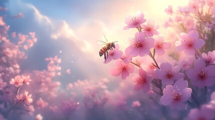 Macro image of a honeybee perched delicately on a glowing pink petal with soft blurred wildflowers filling the background
