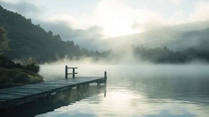 Naklejka premium Mystical Serenity: Lakeside dock enveloped in morning fog with mountains view