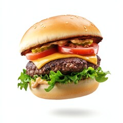 Ultra-realistic juicy beef burger with tiger bun floating on white background. Perfect for ads, menus, and food promo. Isolated, high detail, commercial use