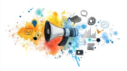 Colorful megaphone with dynamic paint splatters and splashes, a visual expression of creativity