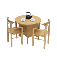Modern Light Oak Round Dining Set with Two Chairs on transparent background.