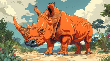 Fototapeta premium A vibrant orange rhinoceros stands in a lush environment under a blue sky.