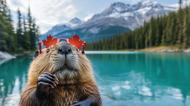 Canadian beaver wearing sunglasses at moraine lake, banff national park