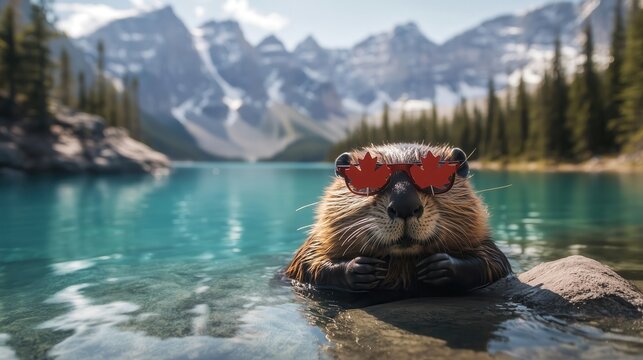 Canadian beaver wearing sunglasses at moraine lake, banff national park