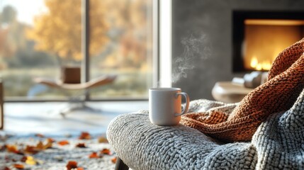 Cozy autumn morning coffee on armchair by fireplace