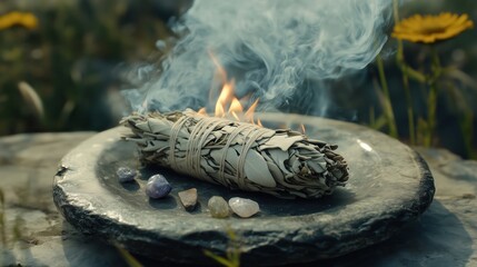 Burning white sage smudge stick with healing crystals for cleansing ceremony