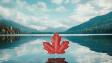 Red maple leaf floating on calm lake with mountain background