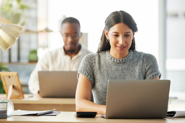 Laptop, internet and business people in office, planning for budget and financial report. Email...