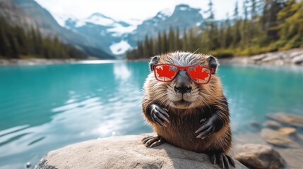 Canadian beaver wearing sunglasses with maple leaf in moraine lake, banff national park