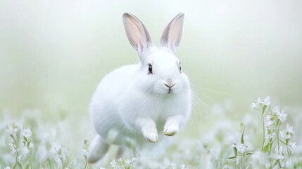 Fototapeta premium White rabbit jumping in a field of small white flowers. Possible use Greeting card, children's book illustration