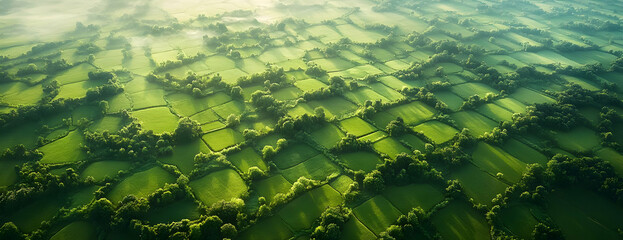 Aerial view green fields sunrise. Nature background